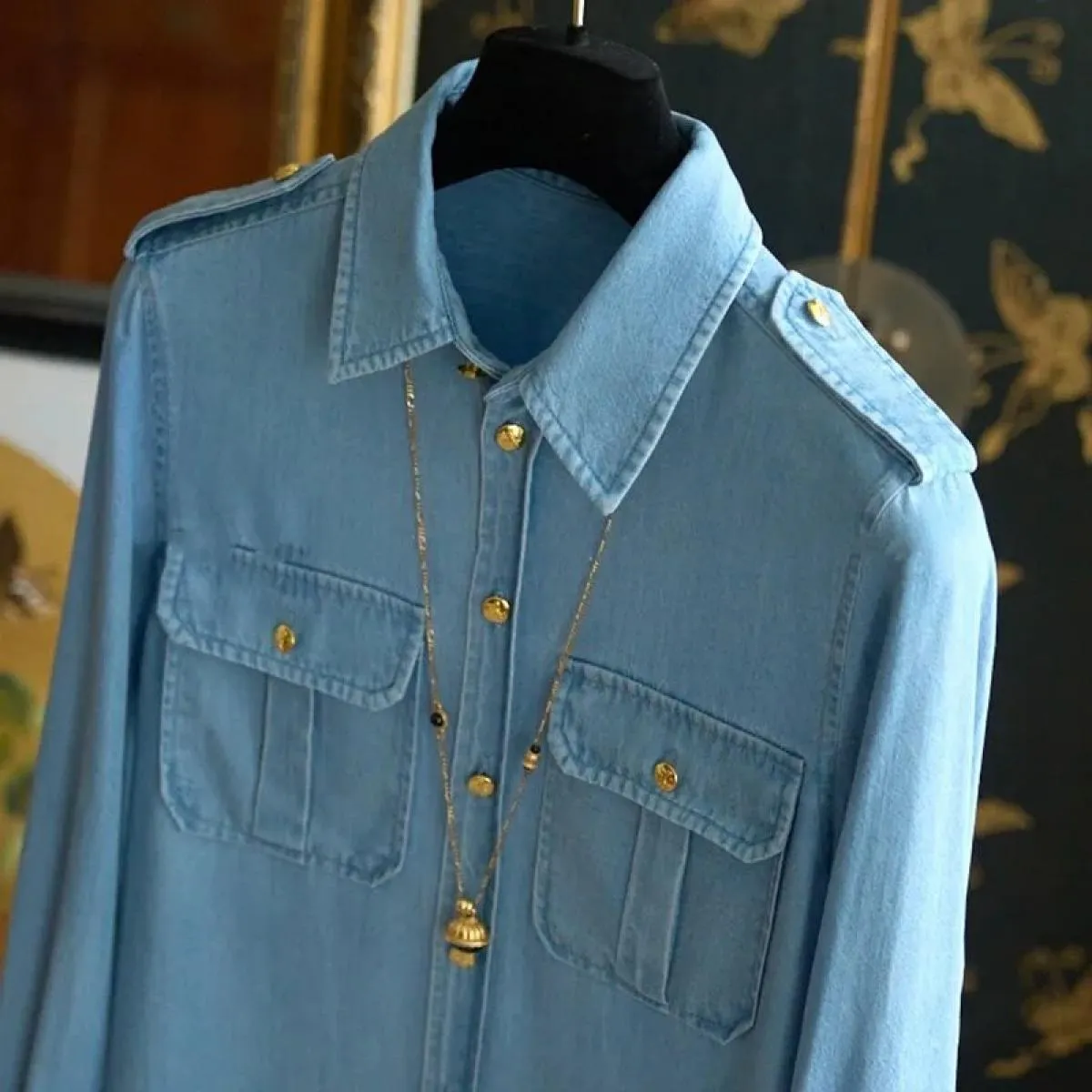 Camicetta da donna alla moda 2023 camicia di jeans liscia con fibbia dorata elegante a maniche lunghe Camisas De Mujer