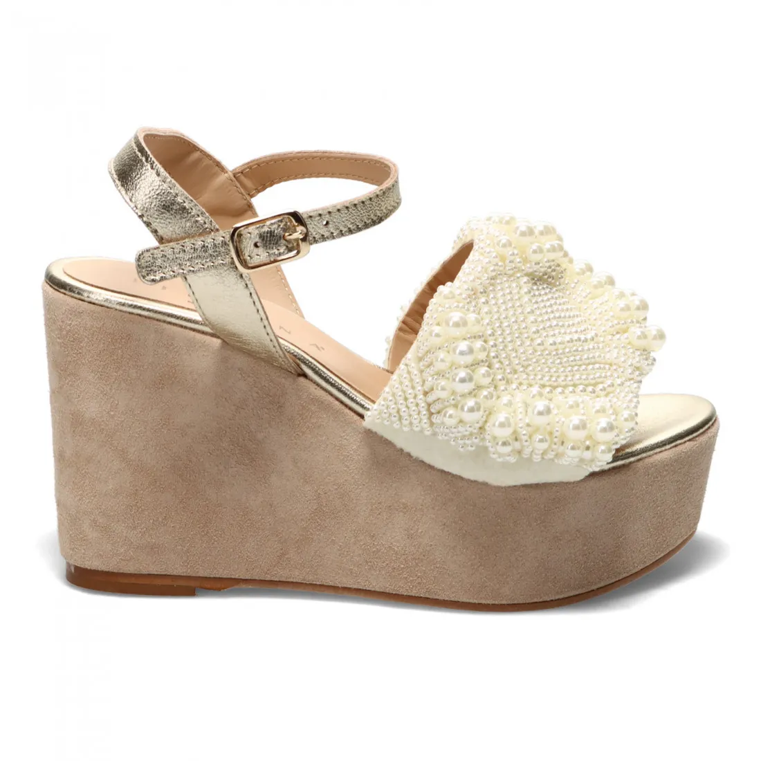 Sandalo con zeppa Fiorina bianco e oro in pelle con perline