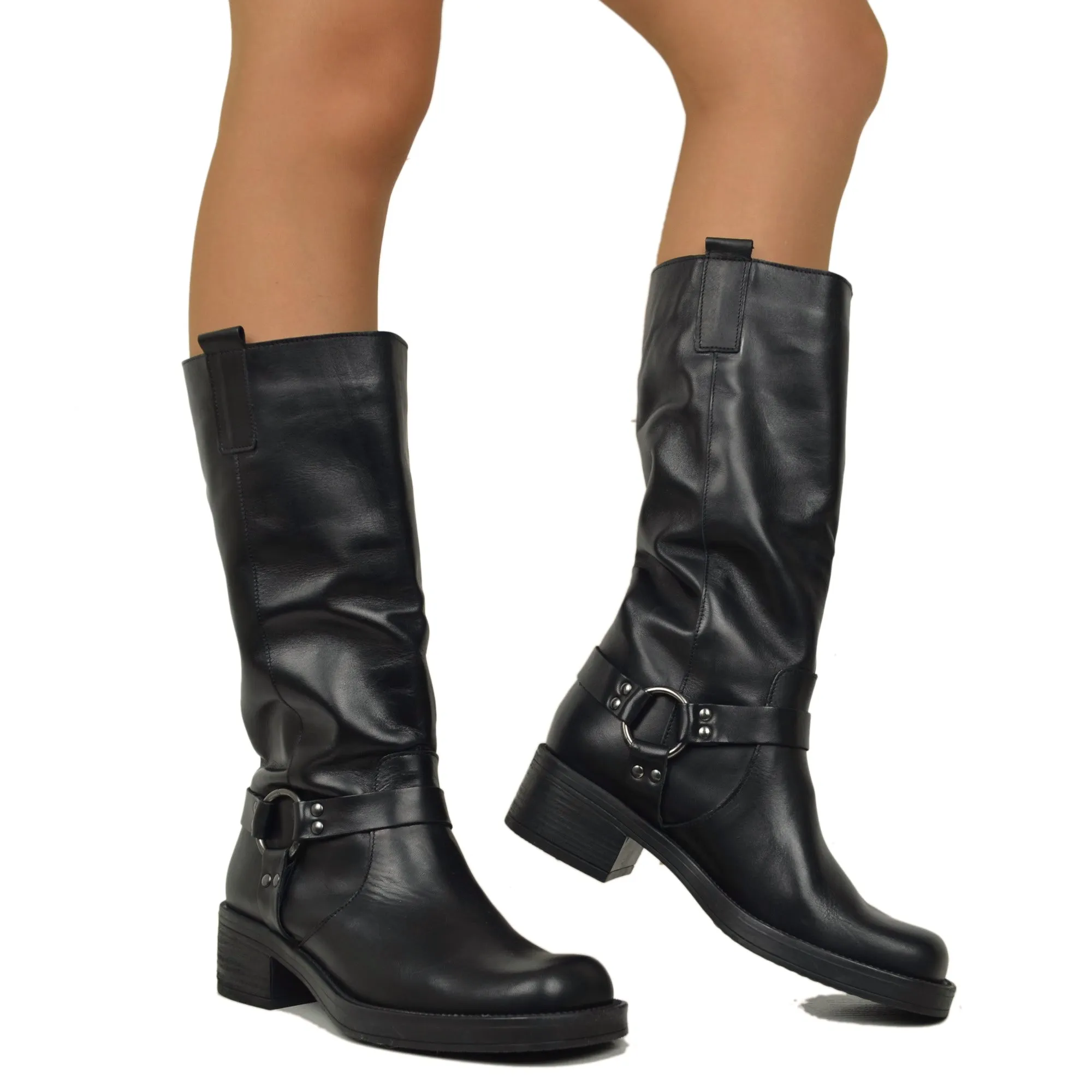 Stivali Donna Biker in Pelle Neri Punta Squadrata con Fibbia